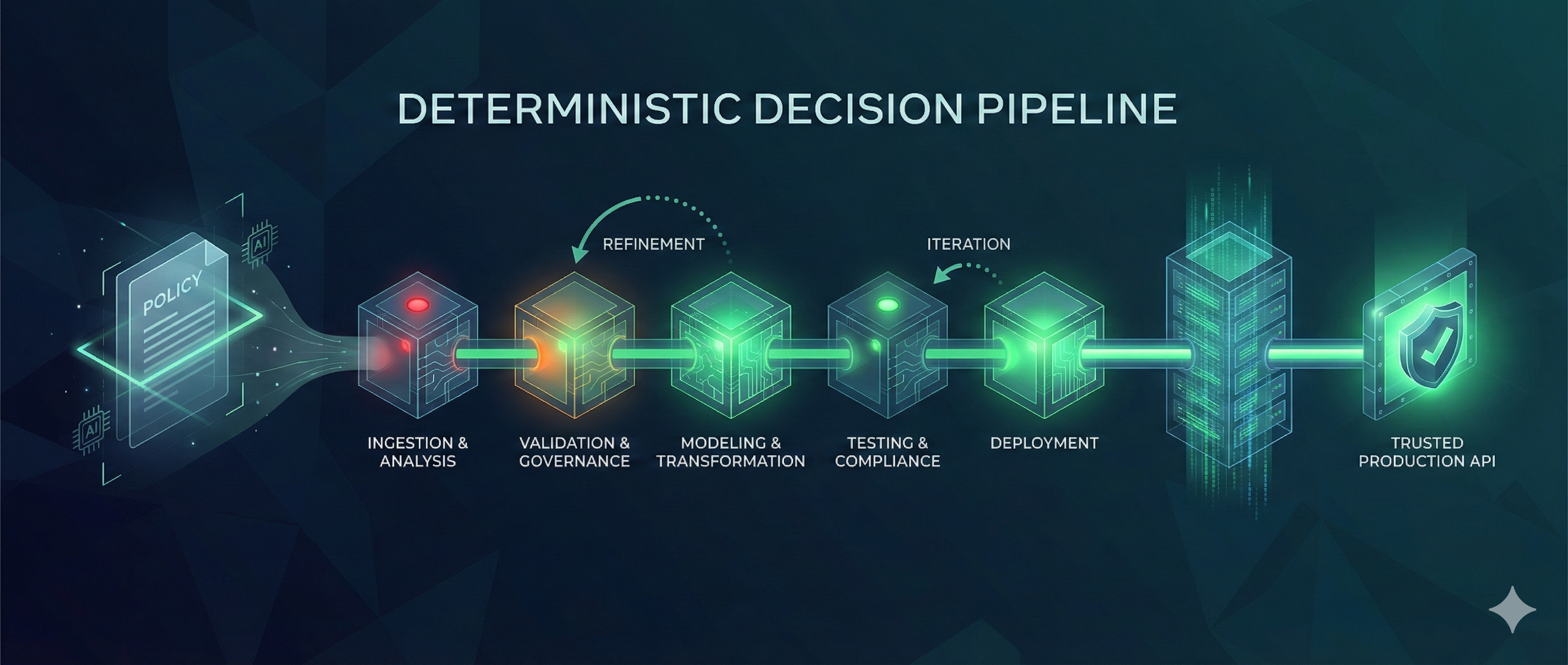 Deterministic Decision Pipeline — from document upload through compilation, testing, and production deployment.